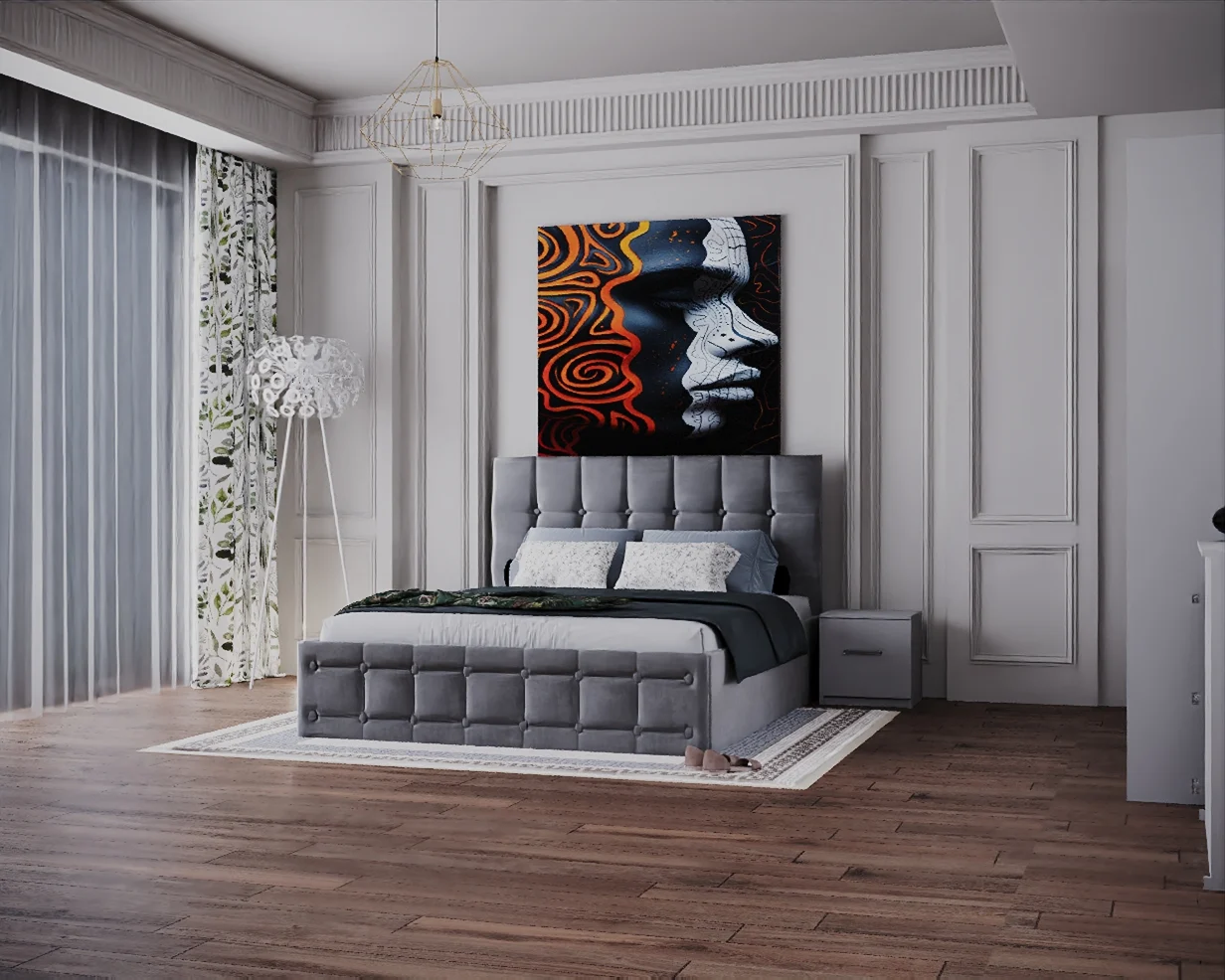 Dormitor Regal cu Pat Tapitat Stofa Gri cu dulap 200*200 usi glisante Alb cu Oglinda, noptiere si comoda [3]