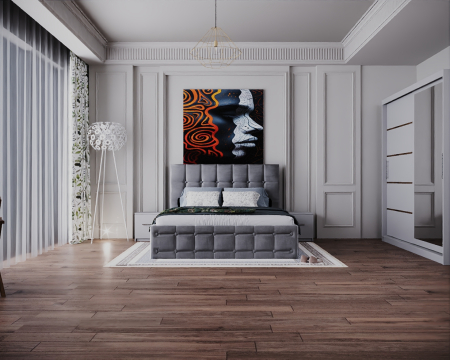 Dormitor Regal cu Pat Tapitat Stofa Gri cu dulap 200*200 usi glisante Alb cu Oglinda, noptiere si comoda [2]