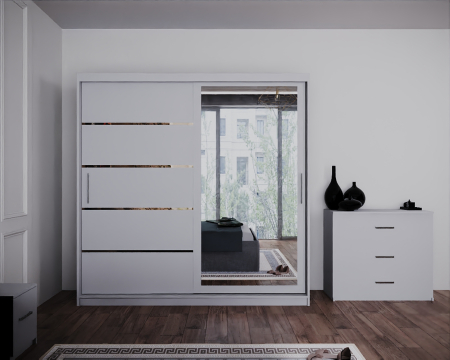 Dormitor Regal cu Pat Tapitat Stofa Gri cu dulap 200*200 usi glisante Alb cu Oglinda, noptiere si comoda [4]