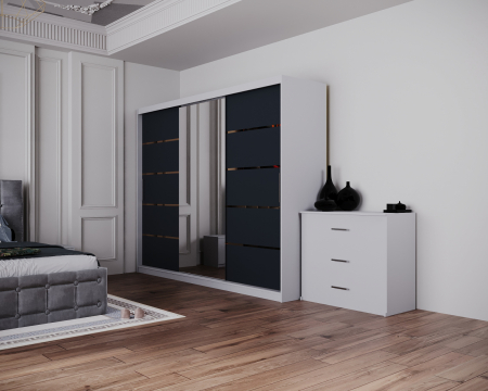 Dormitor Regal cu Pat Tapitat Stofa Gri cu dulap 250*200 usi glisante Alb&Antracit cu Oglinda, noptiere si comoda [1]