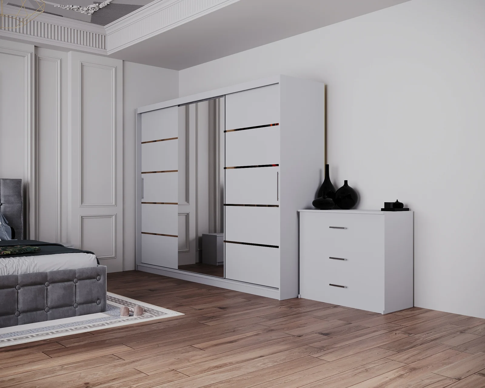 Dormitor Regal cu Pat Tapitat Stofa Gri cu dulap 250*200 usi glisante Alb cu Oglinda, noptiere si comoda [1]