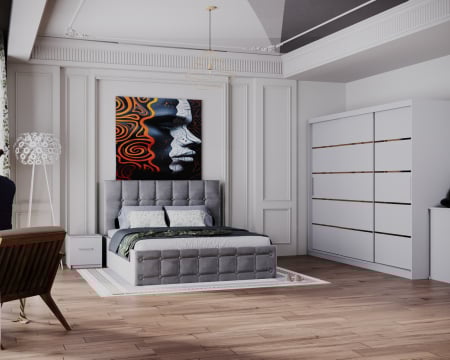 COLECTII - Dormitor Regal cu Pat Tapitat Stofa Gri cu dulap 250*200 usi glisante Alb , noptiere si comoda