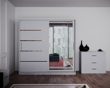 Dormitor Regal cu Pat Tapitat Stofa Roz cu dulap 200*200 usi glisante Alb cu Oglinda, noptiere si comoda [3]