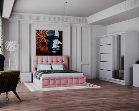 COLECTII - Dormitor Regal cu Pat Tapitat Stofa Roz cu dulap 200*200 usi glisante Alb cu Oglinda, noptiere si comoda