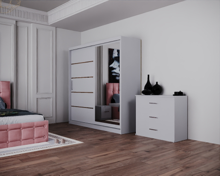 Dormitor Regal cu Pat Tapitat Stofa Roz cu dulap 200*200 usi glisante Alb cu Oglinda, noptiere si comoda [1]