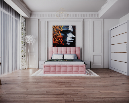 COLECTII - Dormitor Regal cu Pat Tapitat Stofa Roz cu dulap 200*200 usi glisante Sonoma&Alb, noptiere si comoda