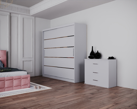 Dormitor Regal cu Pat Tapitat Stofa Roz cu dulap 200*200 usi glisante Sonoma&Alb, noptiere si comoda [1]