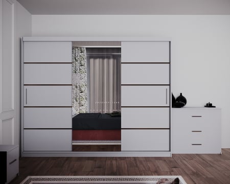 Dormitor Regal cu Pat Tapitat Stofa Roz cu dulap 250*200 usi glisante Alb cu Oglinda, noptiere si comoda [4]