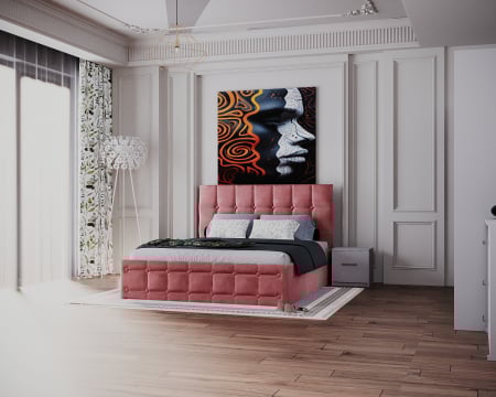 Dormitor Regal cu Pat Tapitat Stofa Roz cu dulap 250*200 usi glisante Alb cu Oglinda, noptiere si comoda [2]