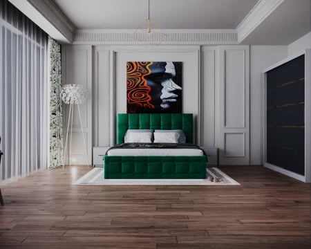 COLECTII - Dormitor Regal cu Pat Tapitat Stofa Verde cu dulap 200*200 usi glisante Alb&Antracit cu, noptiere si comoda