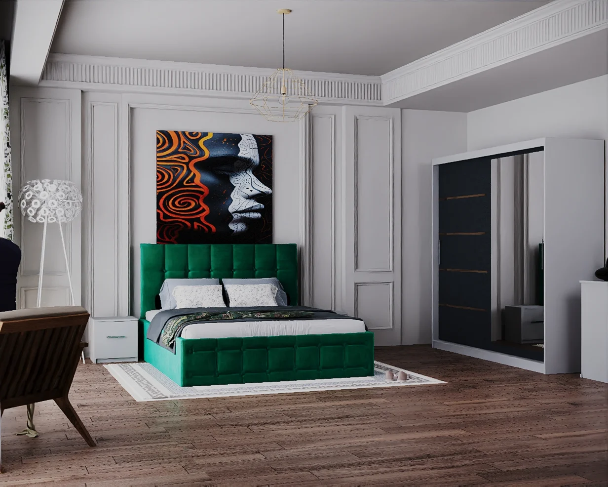 COLECTII - Dormitor Regal cu Pat Tapitat Stofa Verde cu dulap 200*200 usi glisante Alb&Antracit cu Oglinda, noptiere si comoda