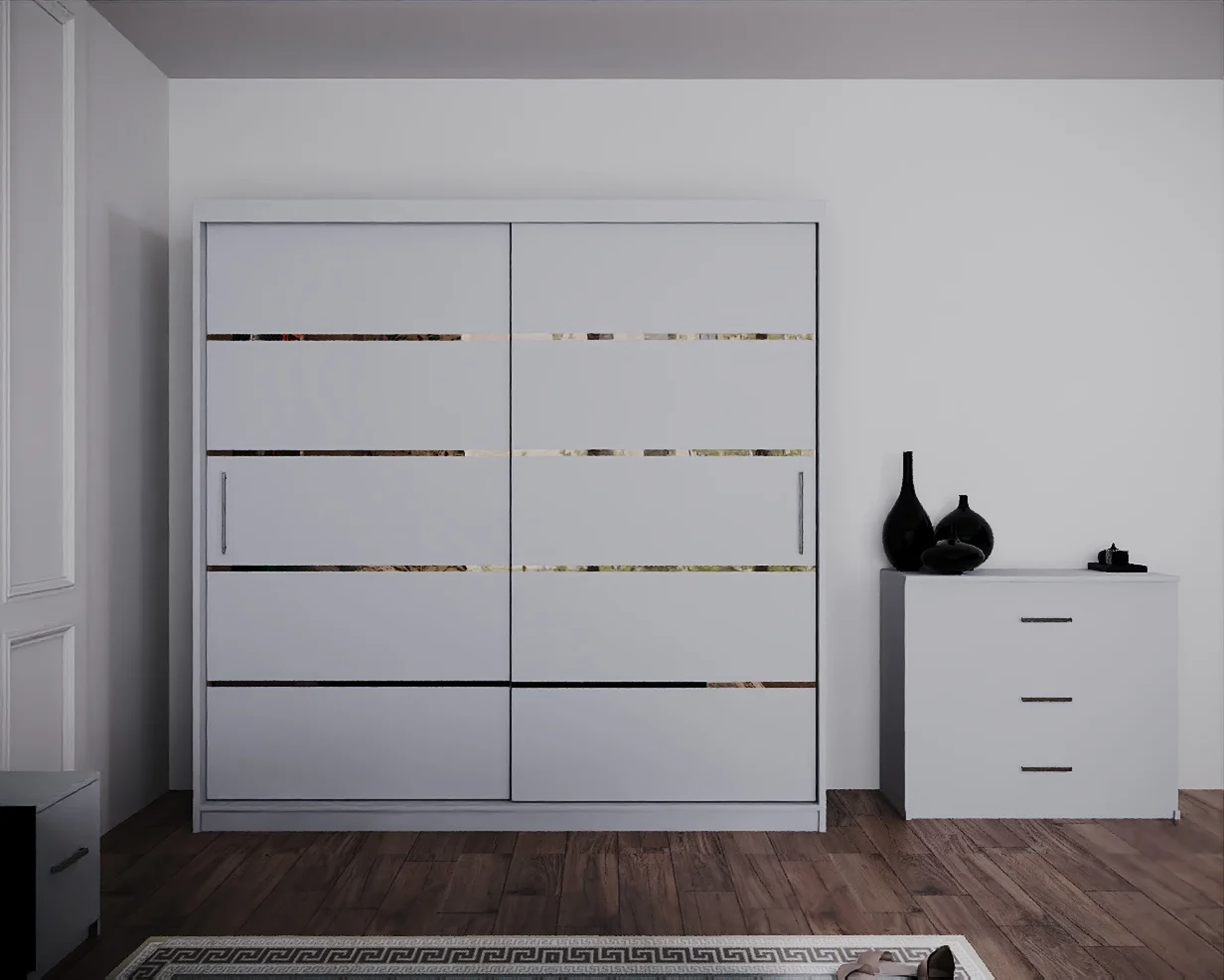 Dormitor Regal cu Pat Tapitat Stofa Verde cu dulap 200*200 usi glisante Alb cu, noptiere si comoda [4]