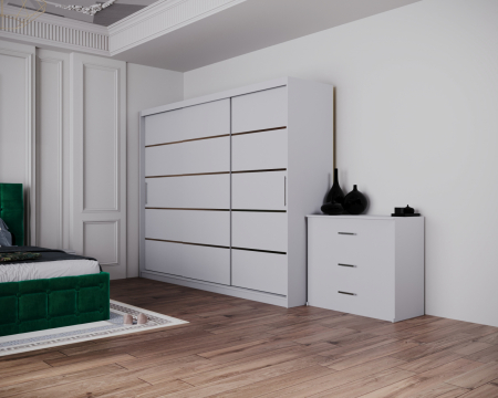 Dormitor Regal cu Pat Tapitat Stofa Verde cu dulap 250*200 usi glisante Alb, noptiere si comoda [2]