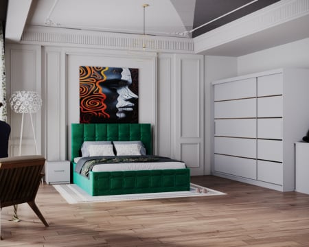 COLECTII - Dormitor Regal cu Pat Tapitat Stofa Verde cu dulap 250*200 usi glisante Alb, noptiere si comoda
