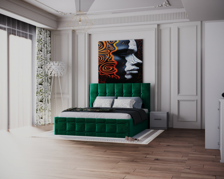 Dormitor Regal cu Pat Tapitat Stofa Verde cu dulap 250*200 usi glisante Alb, noptiere si comoda [1]