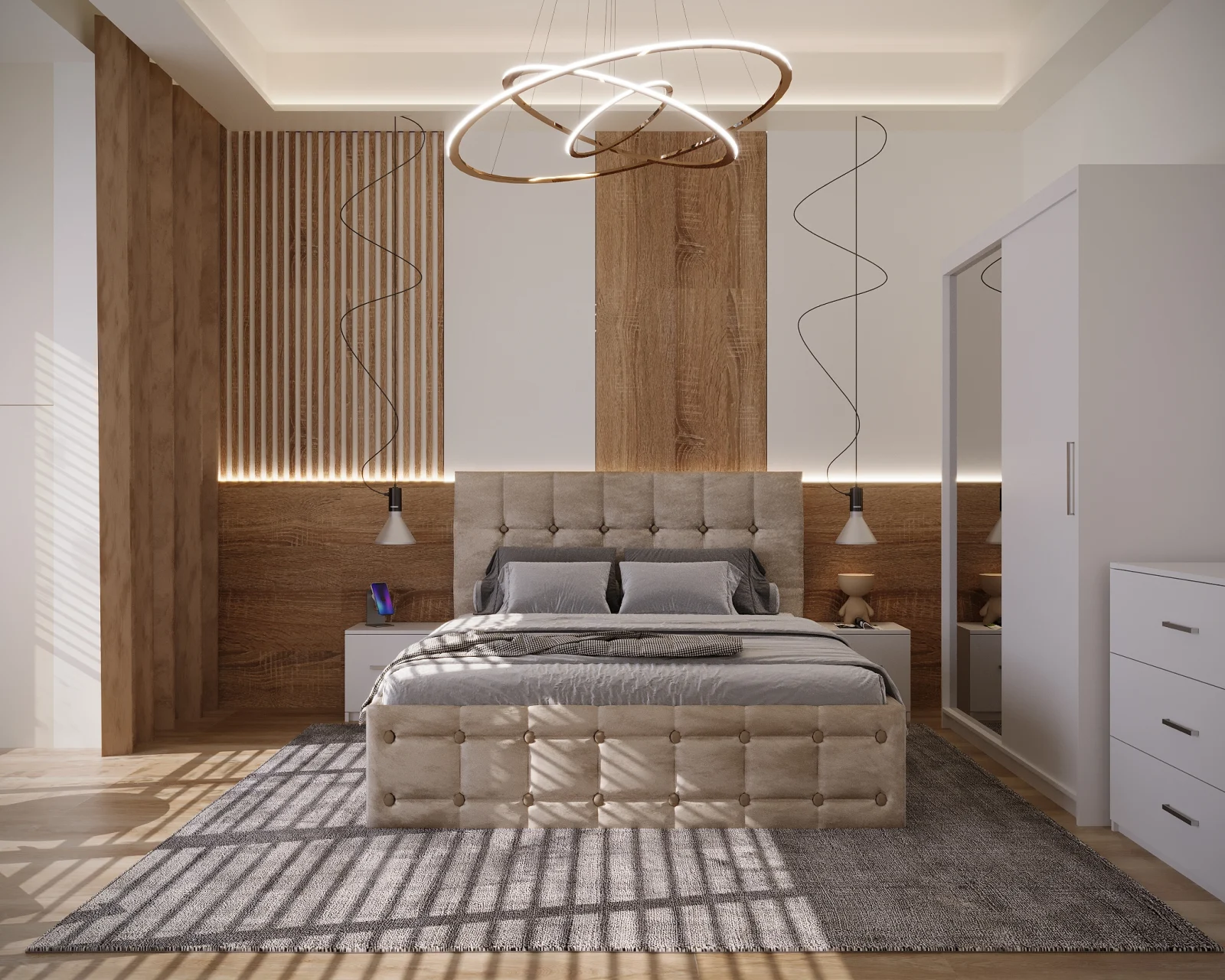 Dormitor Regal Tapitat Bej 2 Usi Alb cu Oglinda [1]