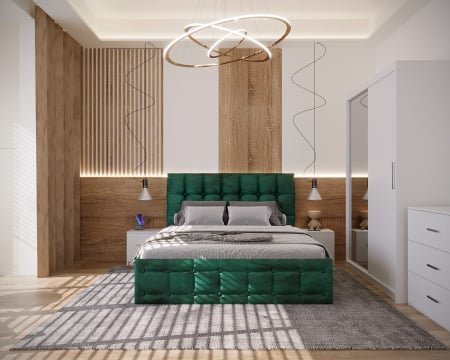 COLECTII - Dormitor Regal Tapitat Verde Smarald 2 Usi Alb cu Oglinda