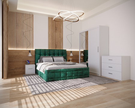 Dormitor Regal Tapitat Verde Smarald 2 Usi Alb cu Oglinda [1]