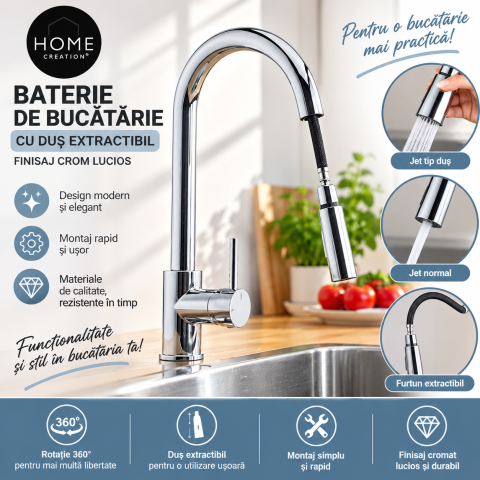 OUTLET - Baterie de bucătărie cu duș extractibil – Home Creation