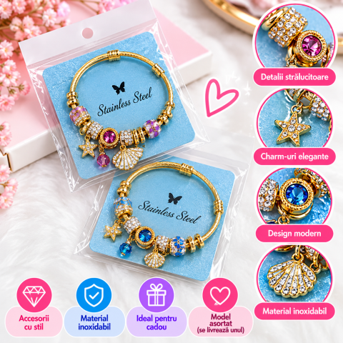 ACCESORII - Brățară damă din oțel inoxidabil cu charm-uri și pietricele – modele asortate