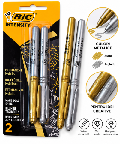 RECHIZITE ȘCOLARE - Markere permanente BIC Intensity Metallic – Auriu & Argintiu, set 2 bucăți