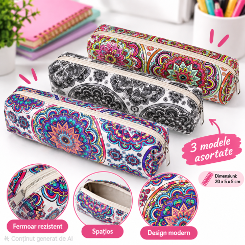 RECHIZITE ȘCOLARE - Penar drept cu fermoar – modele colorate cu imprimeu floral