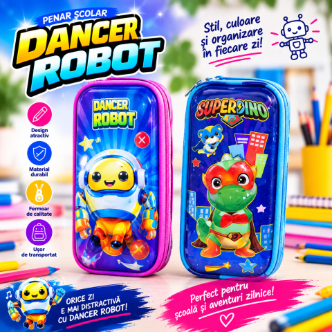 RECHIZITE ȘCOLARE - Penar școlar „Dancer Robot” – model roz/albastru