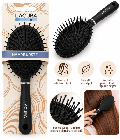 ACCESORII - Perie de păr ovală, neagră, Lacura Hair