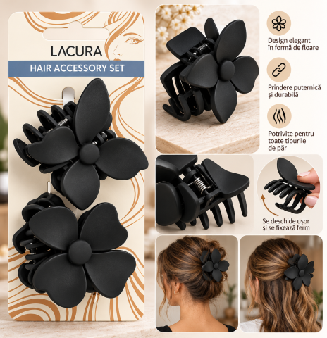 ACCESORII - Set 2 clame de păr negre, model floare