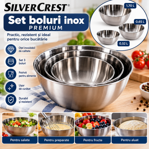 BUCĂTĂRIE - Set 3 boluri din oțel inoxidabil SILVERCREST – 1,70 L / 1,65 L / 0,52 L