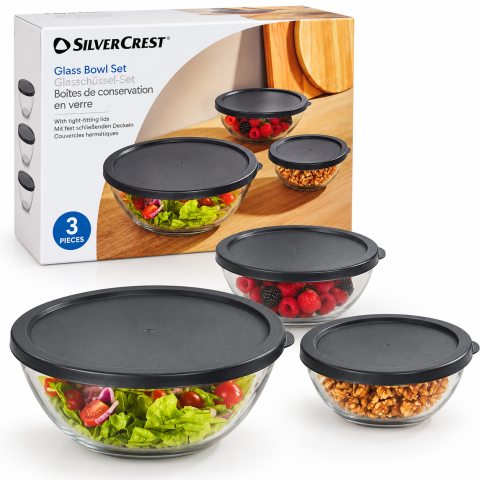 BUCĂTĂRIE - Set 3 boluri din sticlă cu capace – SilverCrest