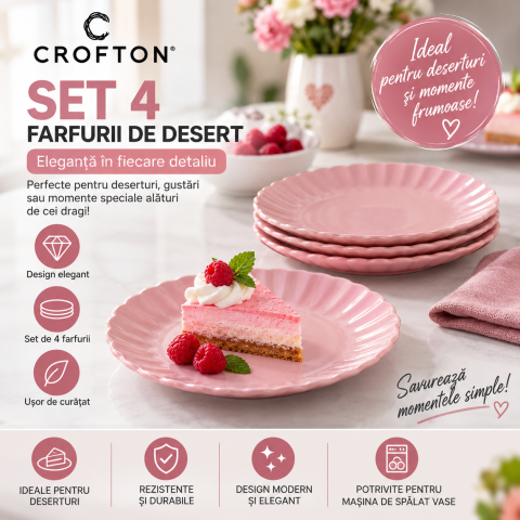 OUTLET - Set 4 farfurii pentru desert Crofton – roz