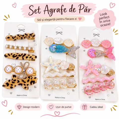 ACCESORII - Set agrafe de păr pentru fete și femei – modele elegante și colorate