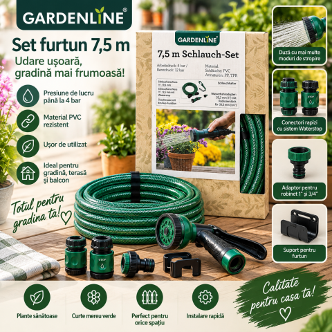 CASĂ& GOSPODĂRIE - Set furtun pentru grădină 7,5 m Gardenline – cu pistol de stropire