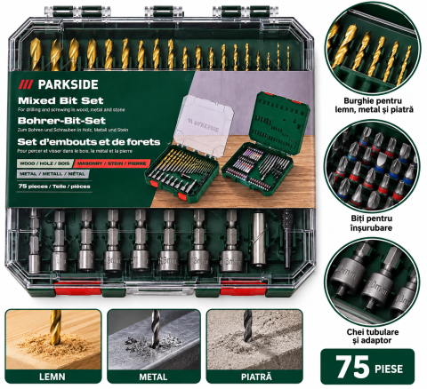 CASĂ& GOSPODĂRIE - Set PARKSIDE 75 piese – burghie și biți pentru lemn, metal și piatră