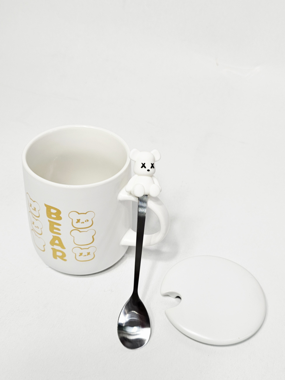 Set 3 piese ceramică 350 ml – cană Bear cu capac și linguriță decorată cu ursuleț [4]