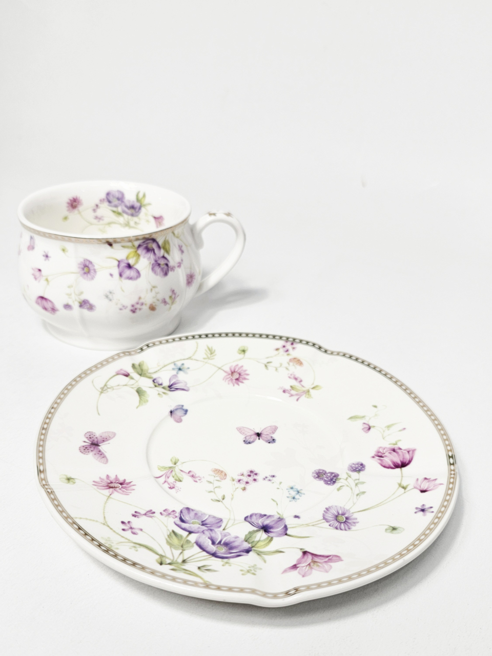 Ceașcă și farfurioară ceramică cu flori mov, 200ml [3]