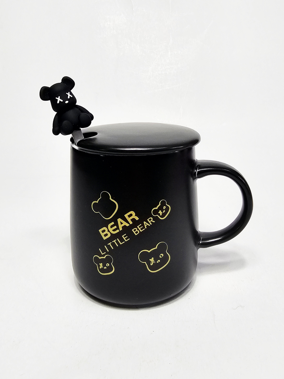 Set 3 piese ceramică 350 ml – cană neagră Bear cu capac și linguriță decorată cu ursuleț [2]
