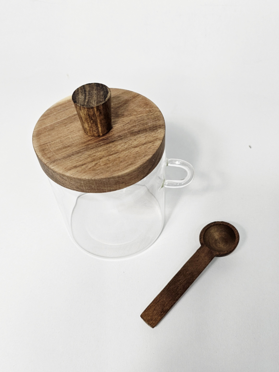 Recipient condimente mic din sticlă borosilicată cu capac și linguriță din lemn [2]