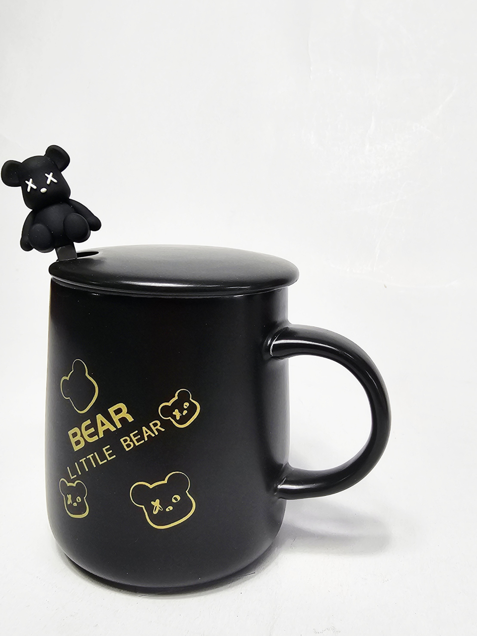 Set 3 piese ceramică 350 ml – cană neagră Bear cu capac și linguriță decorată cu ursuleț [4]