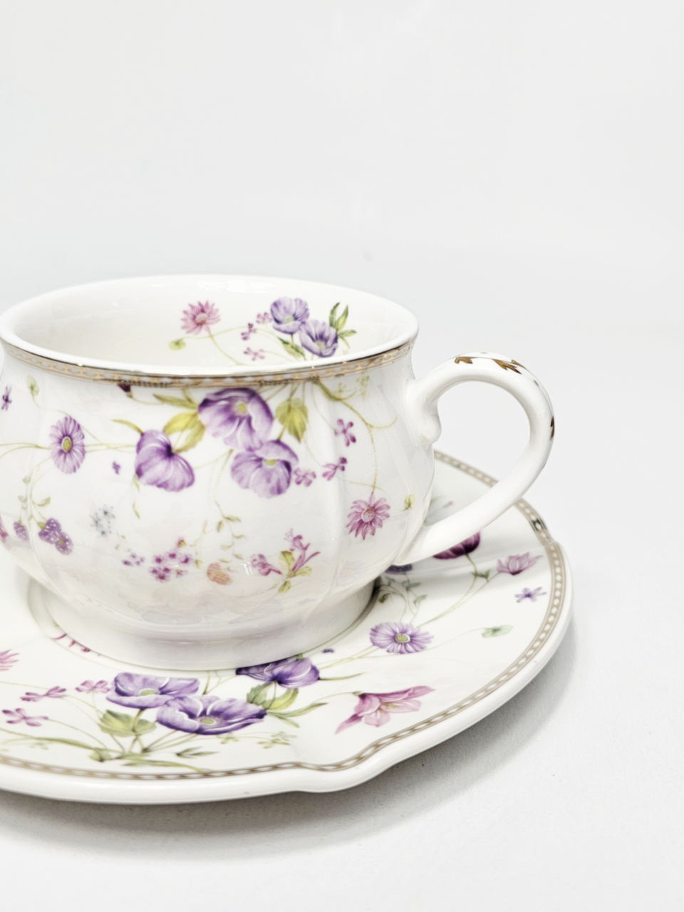 Ceașcă și farfurioară ceramică cu flori mov, 200ml [1]