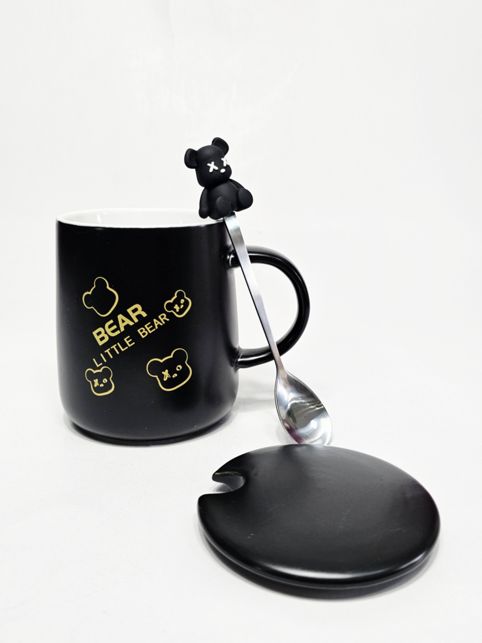 Set 3 piese ceramică 350 ml – cană neagră Bear cu capac și linguriță decorată cu ursuleț [1]