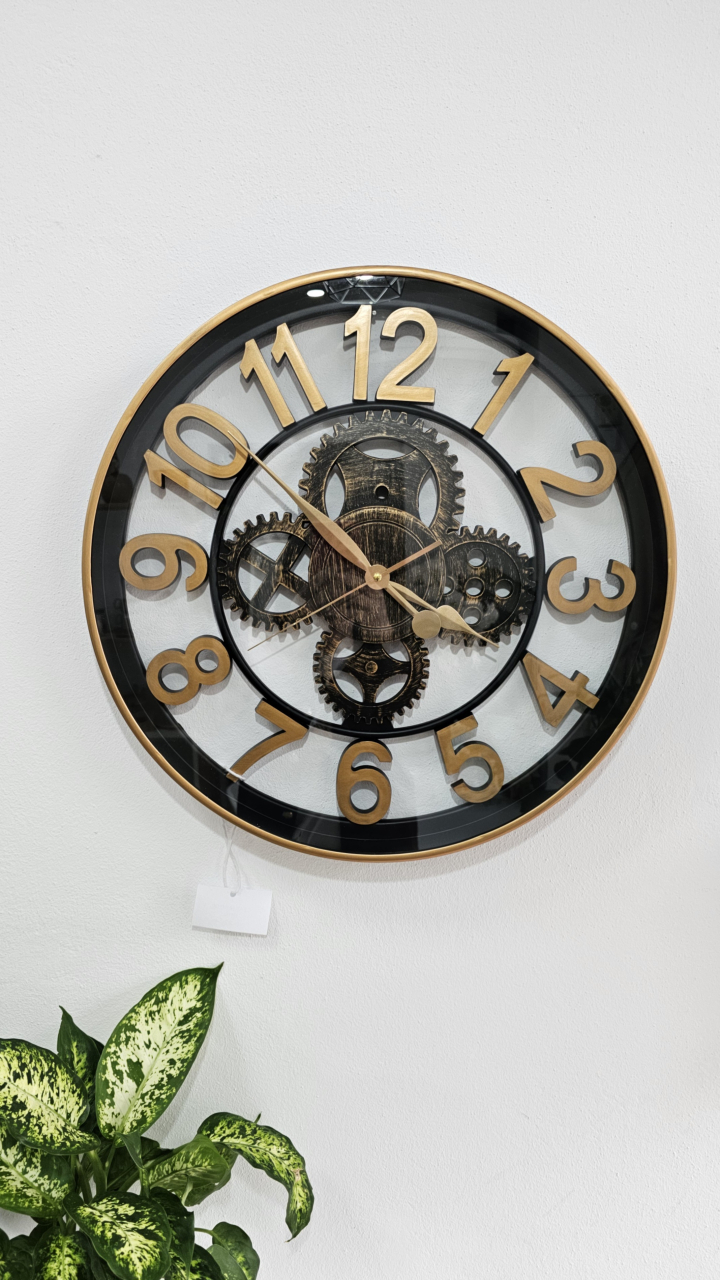 Ceas de perete rotund 50 cm, design industrial cu mecanism decorativ și cifre mari aurii [3]
