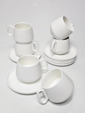 Cesti - Set cești cafea cu farfurioare, ceramică albă minimalistă, 12 piese