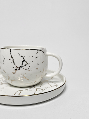 Pahare si cani - Set cești cafea ceramică albă cu model marmorat, 12 piese