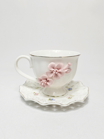 Set ceașcă 200 ml și farfurioară din ceramică cu flori roz 3D [2]