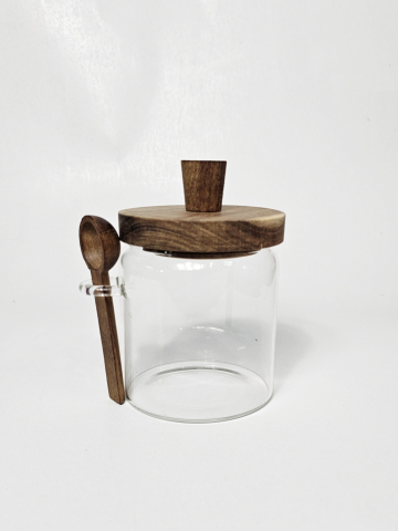 Recipiente condimente - Recipient condimente mic din sticlă borosilicată cu capac și linguriță din lemn