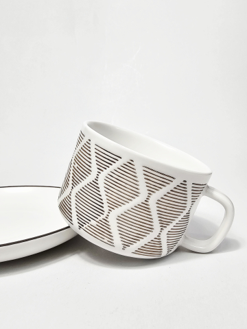 Set 2 piese ceramică 200 ml cu ceașcă și farfurioară, design geometric maro [2]