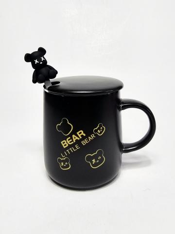 Set 3 piese ceramică 350 ml – cană neagră Bear cu capac și linguriță decorată cu ursuleț [1]