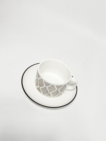 Set 2 piese ceramică 200 ml cu ceașcă și farfurioară, design geometric maro [3]